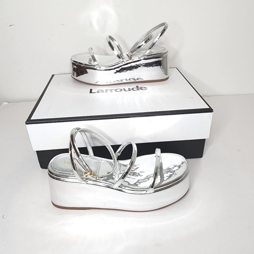 Larroude Silver Metallic Platform Sandals with Ankle Strap - Picture 5 of 8